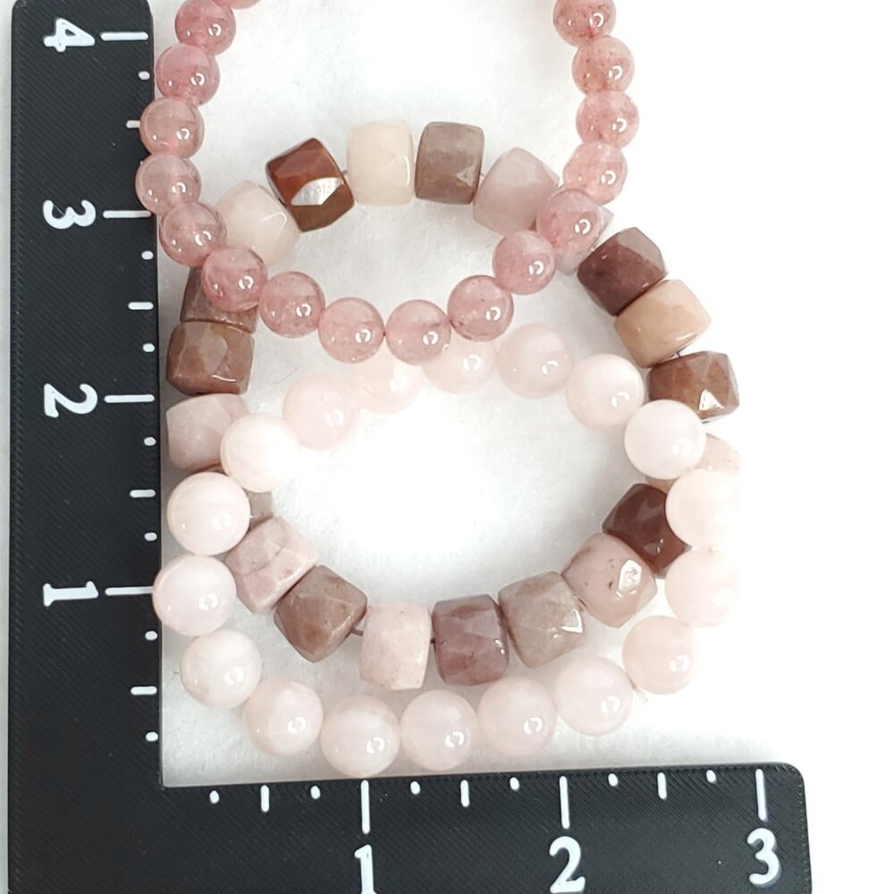 Polished Stone Bracelets Stretch Pink Rose Strawberry Quartz Lot of 3 6-6.5" - Picture 8 of 8
